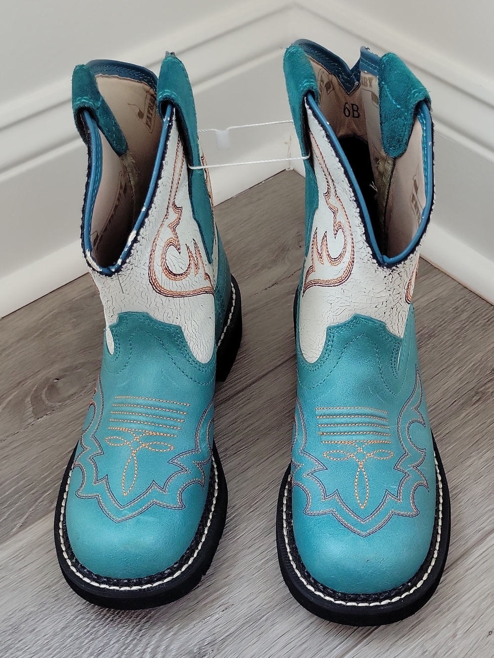 Ariat Fatbaby Cowgirl Boots Teal & White Crackle Leathwr Womens Size 6 NWOT